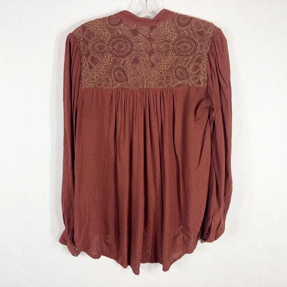 Free People XS Top Canyon Rose Shirt Boho Rust Gold Pearl Button Embroidered 675